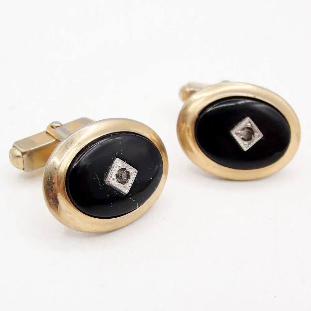 Vintage Anson Gold Tone Black Onyx Diamond Accent Cufflink Oval Retro MCM